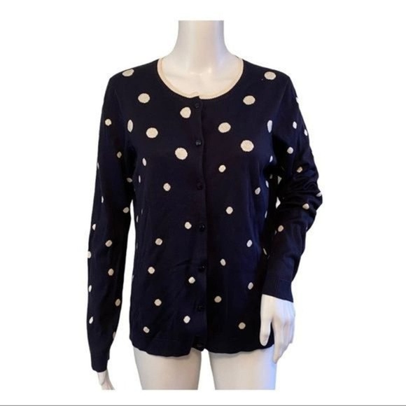 Pendleton Sweater Medium Petite Cardigan Navy Blue Ivory Polka Dot Office Preppy - Picture 1 of 7